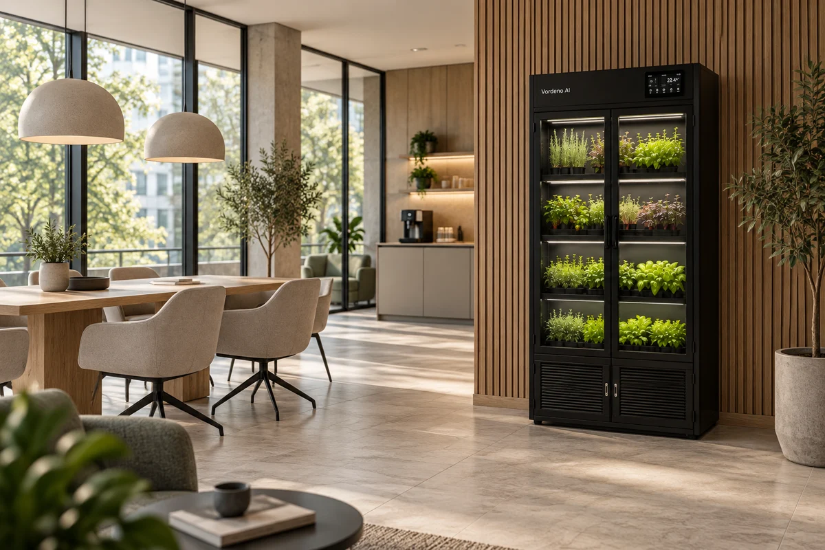 Concept visualization of a Vordeno farm in a bright office lounge